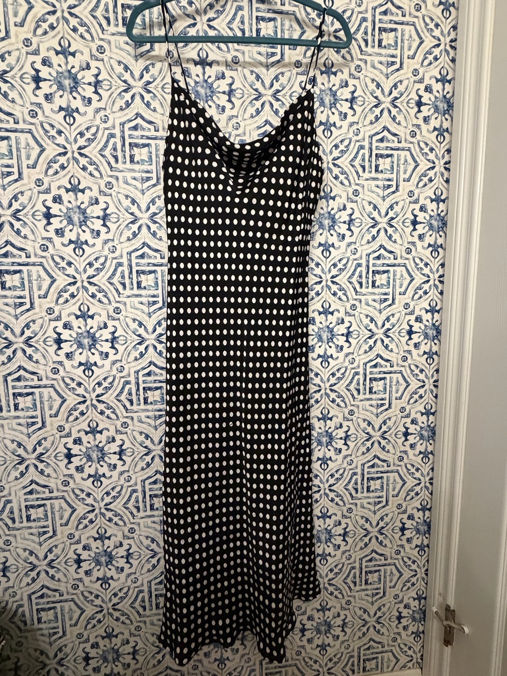 Zara Polka Cowl Neck Midi Slip Satiny Dress in White and Black
Size Large